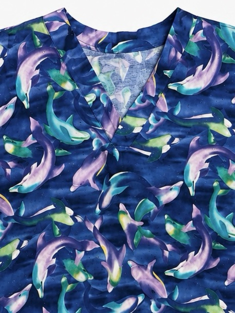 Dolphin Ocean Print Scrub Top Blue V Neck Nurse Vet Tech Uniform L Whimsical